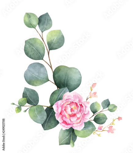 Watercolor vector wreath with green eucalyptus leaves, peony flowers and branches.