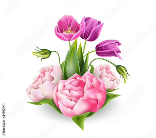 Vector 3d realistic peony tulip elegant bouquet