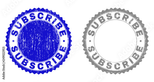 Grunge SUBSCRIBE stamp seals isolated on a white background. Rosette seals with grunge texture in blue and grey colors. Vector rubber stamp imprint of SUBSCRIBE title inside round rosette.