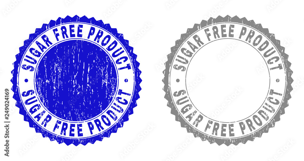 Grunge SUGAR FREE PRODUCT stamp seals isolated on a white background. Rosette seals with distress texture in blue and grey colors. Grunge SUGAR FREE PRODUCT stamp seals isolated on a white background. Rosette seals with distress texture in blue and grey colors.