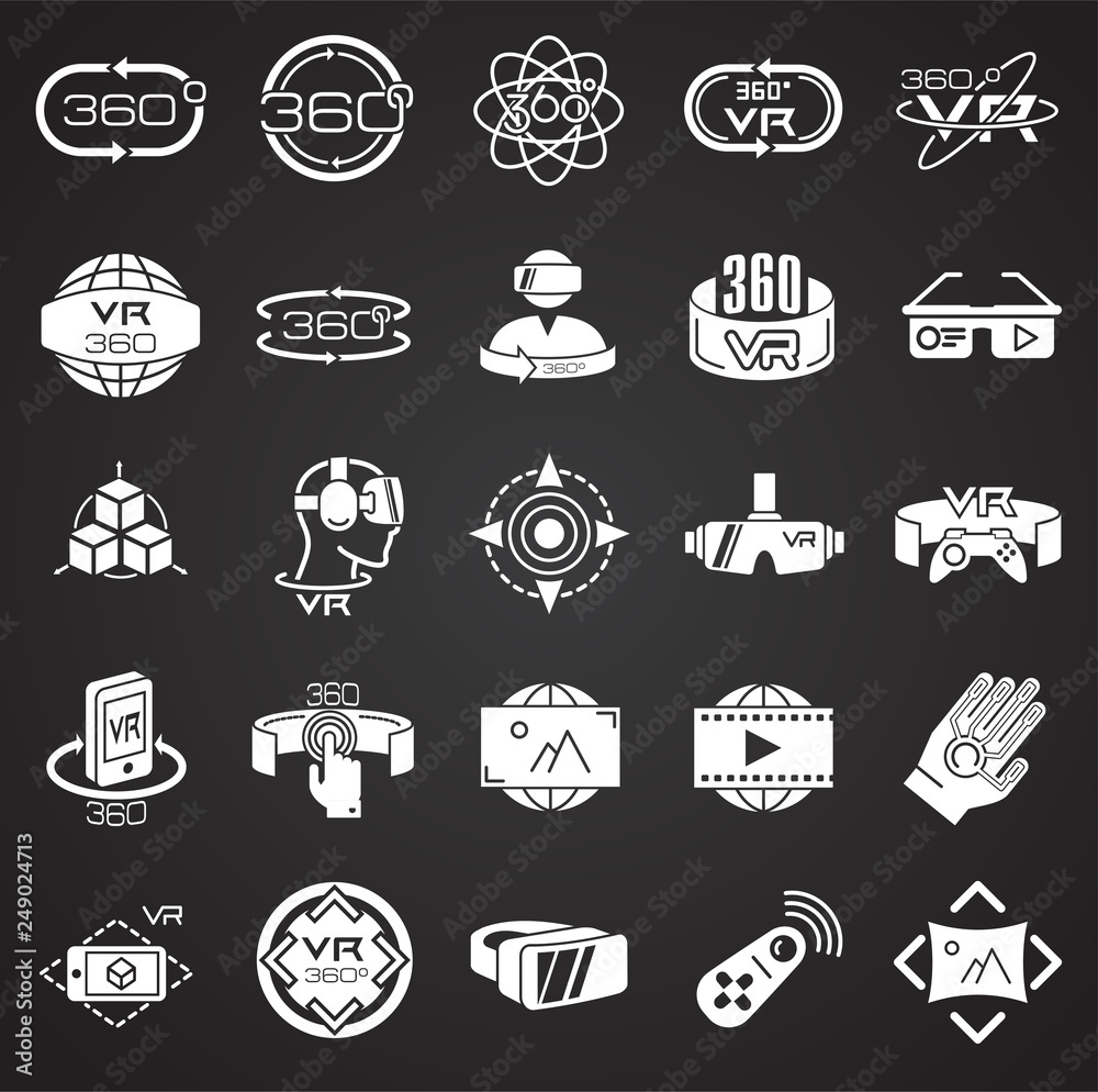 Virtual reality icons set on black background for graphic and web design, Modern simple vector sign. Internet concept. Trendy symbol for website design web button or mobile app Virtual reality icons set on black background for graphic and web design, Modern simple vector sign. Internet concept. Trendy symbol for website design web button or mobile app