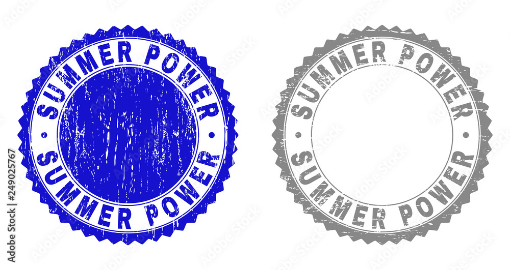 Grunge SUMMER POWER stamp seals isolated on a white background. Rosette seals with distress texture in blue and grey colors. Vector rubber stamp imprint of SUMMER POWER title inside round rosette.