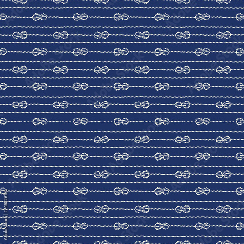 Hand-Drawn Horizontal Nautical Zeppelin Bend Knots and Ropes Stripes Vector Seamless Pattern. Blue Marine Background