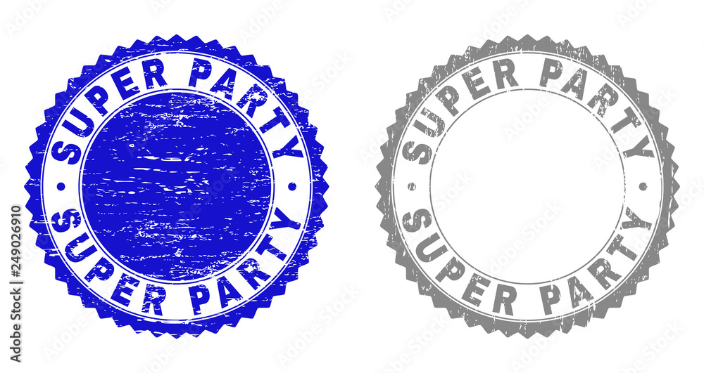 Obraz premium Grunge SUPER PARTY watermarks isolated on a white background. Rosette seals with grunge texture in blue and gray colors. Vector rubber stamp imitation of SUPER PARTY caption inside round rosette.