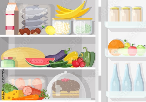 Opened refrigerator with shelves full of various daily food - fish, meat, dairy products, fresh fruits and vegetables, pickles. Content of fridge. Colored vector illustration in flat cartoon style.
