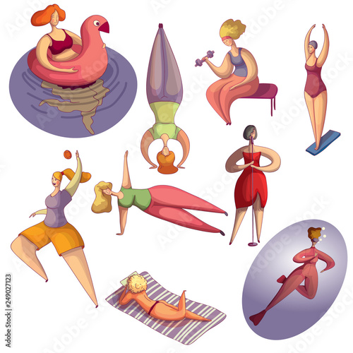 Vectoe set of cute hand drawn plump women in different actions. Doing fitness exercise, sunbathing, playing basketball