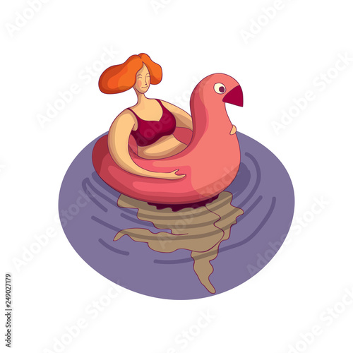 Young plump woman swimming in water with inflatable ring in form of bird. Summer vacation. Hand drawn vector