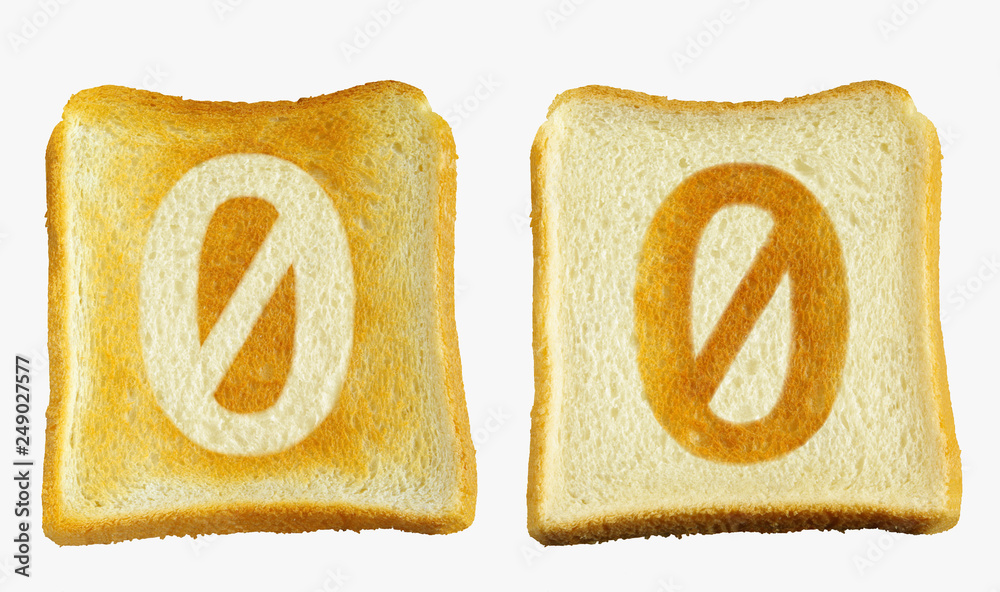 トーストに白い数字の斜線付き0と白いパンに数字の斜線付き0の焼き目が入った2枚のパン Stock Photo Adobe Stock トーストに白い数字の斜線付き0と白いパンに数字の斜線付き0の焼き目が入った2枚のパン Stock Photo Adobe Stock