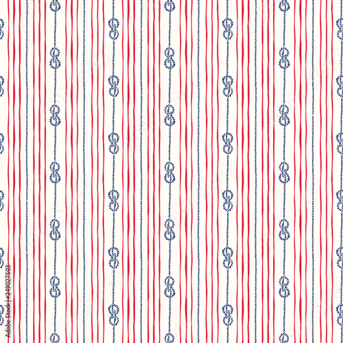 Hand-Drawn Vertical Nautical Zeppelin Bend Knots and Ropes Stripes Vector Seamless Pattern. Blue, Red Marine Background