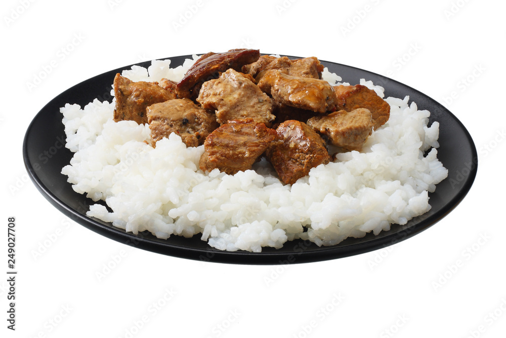 black plate with white rice and goulash isolated on white background black plate with white rice and goulash isolated on white background