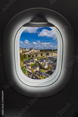 Luxembourg city in airplane window