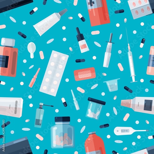 Seamless pattern with pharmacy drugs or medications in bottles, jars, tubes, blisters and medical tools on blue background. Cure or treatment backdrop. Flat cartoon colored vector illustration.
