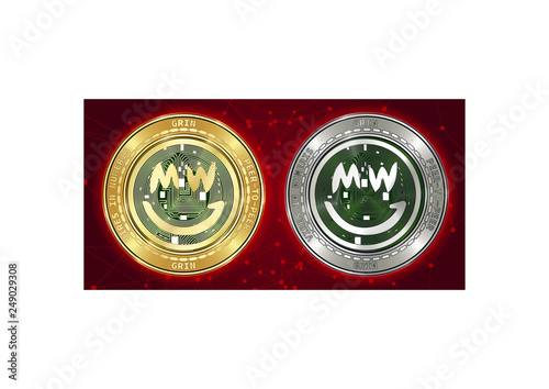 Golden and silver GRIN cryptocurrency coins on background of blockchain