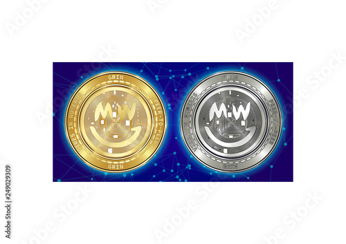 Golden and silver GRIN cryptocurrency coins on background of blockchain