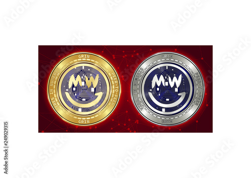 Golden and silver GRIN cryptocurrency coins on background of blockchain