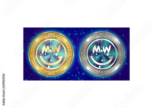 Golden and silver GRIN cryptocurrency coins on background of blockchain
