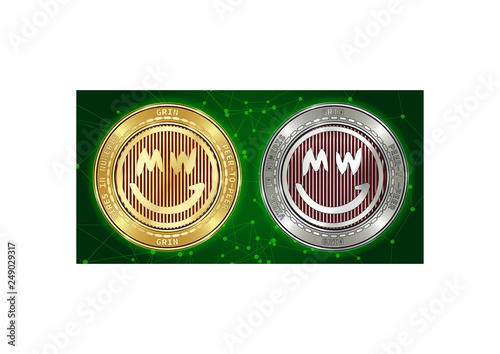 Golden and silver GRIN cryptocurrency coins on background of blockchain