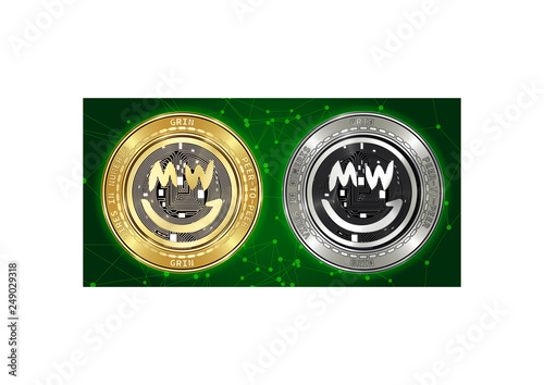 Golden and silver GRIN cryptocurrency coins on background of blockchain