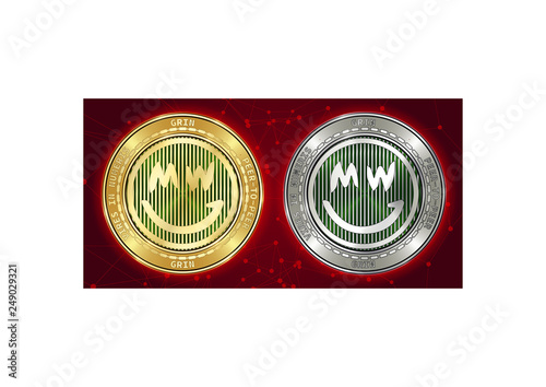 Golden and silver GRIN cryptocurrency coins on background of blockchain