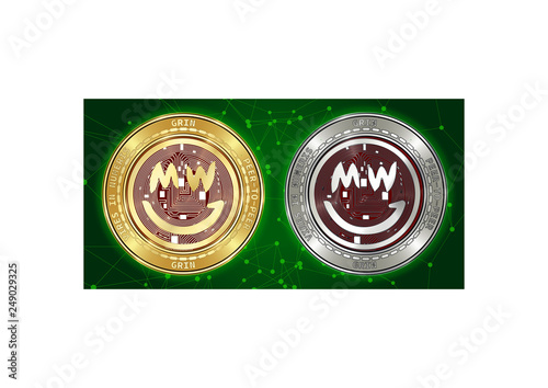 Golden and silver GRIN cryptocurrency coins on background of blockchain