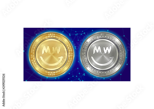 Golden and silver GRIN cryptocurrency coins on background of blockchain