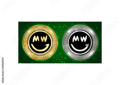 Golden and silver GRIN cryptocurrency coins on background of blockchain