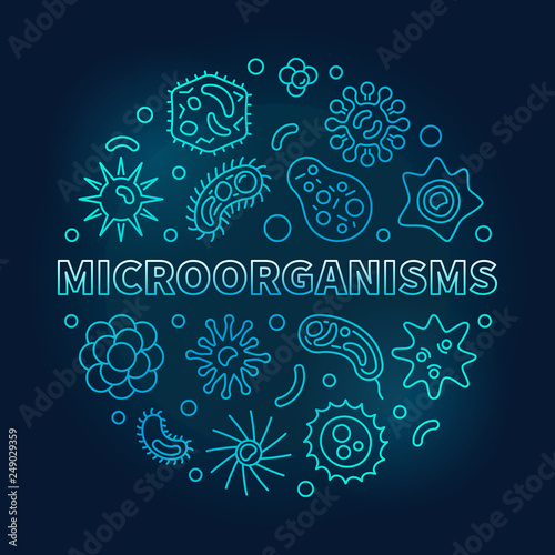 Microorganisms round vector blue microbiology outline illustration made with bacteria and pathogen concept icons on dark background