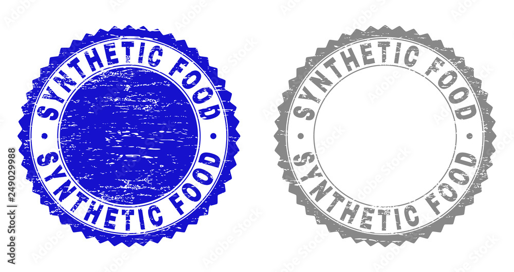 Obraz premium Grunge SYNTHETIC FOOD stamp seals isolated on a white background. Rosette seals with grunge texture in blue and grey colors. Vector rubber stamp imprint of SYNTHETIC FOOD text inside round rosette.