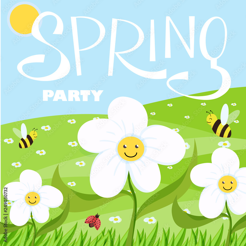 Spring party cartoon landscape with trees and clouds and flowers