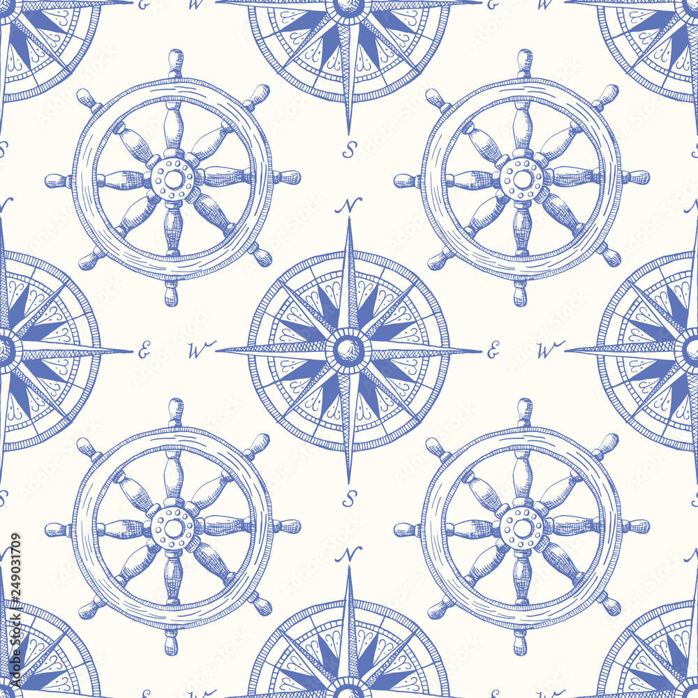 Vintage Nautical Hand-Drawn Ship Steering Wheel and Sea Compass Vector Seamless Pattern. Blue Marine Background