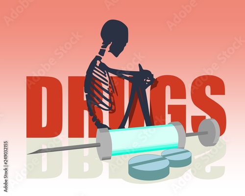 Abstract image relative to drugs addiction. Pharmacy and medicaments. Isometry volumetric pills and syringe. Drugs word and skeleton silhouette