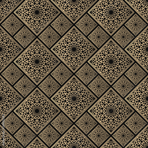 Seamless pattern oriental ornament. Black and golden textile print. Islamic vector design. Floral tiles.