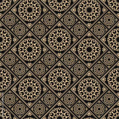 Seamless pattern oriental ornament. Black and golden textile print. Islamic vector design. Floral tiles.