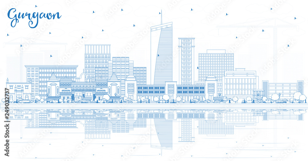 Outline Gurgaon India City Skyline with Blue Buildings and Reflections.