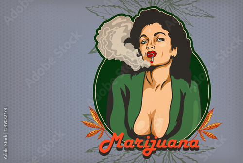 Beautiful lady smok marijuana. Cannabis leafs on the backgound of label. Vintage comics style