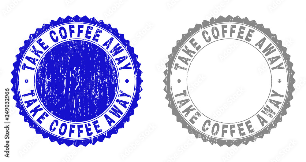 Grunge TAKE COFFEE AWAY stamp seals isolated on a white background. Rosette seals with grunge texture in blue and gray colors. Grunge TAKE COFFEE AWAY stamp seals isolated on a white background. Rosette seals with grunge texture in blue and gray colors.