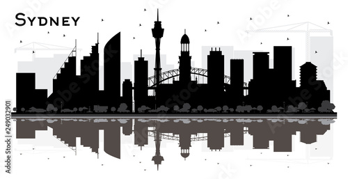 Sydney City Skyline Silhouette with Black Buildings and Reflections.