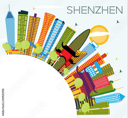Shenzhen China City Skyline with Color Buildings, Blue Sky and Copy Space.
