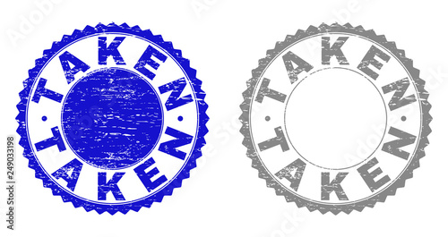 Grunge TAKEN stamp seals isolated on a white background. Rosette seals with grunge texture in blue and grey colors. Vector rubber overlay of TAKEN caption inside round rosette.