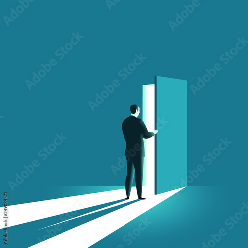 Businessman opens the door. Symbol of new career, opportunities, business ventures and challenges. Business concept. Vector illustration
