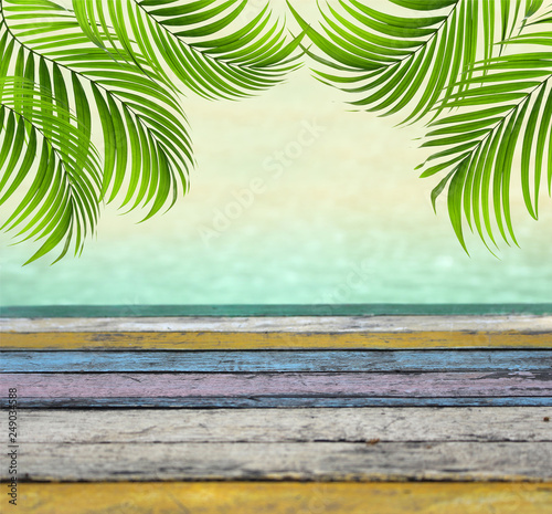 Wood plank floor on water surface and palm leaf background