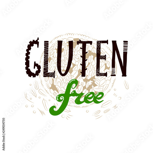 Vector hand drawn sketchy Gluten Free sign augmented with stylized handful of wheat seeds. Design element, printed goods, health and nutrition image.
