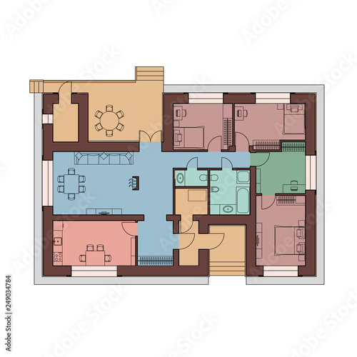 Architectural plan of a house. Top view with furniture. Cottage rooms are painted differently. Vector illustration.