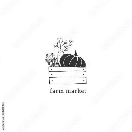 Vector object, a box with vegetables. Hand drawn minimal logo template.