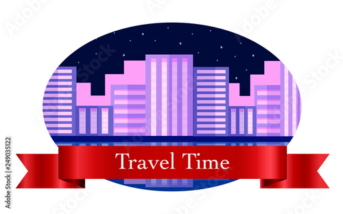 landscape in the frame, a graphic design element for creation of the label. Labels with the image of city, lights, river, lack, reflection, stars. Perfect for sticker, label, emblem and logo.
