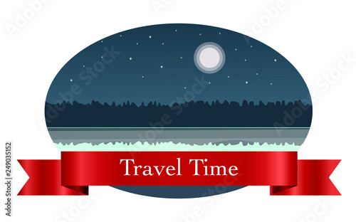landscape in the frame, a graphic design element. Labels with the image of tree, grass, river, moon, forest, lake, reflection. Perfect for sticker, label, emblem and logo.