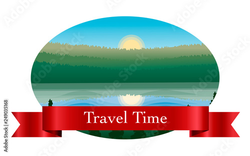 landscape in the frame, a graphic design element. Labels with the image of sun, sky, hills, mountains, forest, pines, tress, lake, river, reflection, fog,Perfect for sticker, label, emblem and logo.
