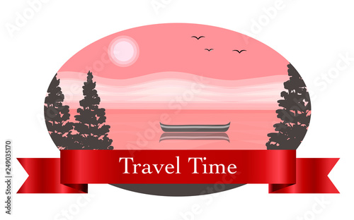 landscape in the frame. Labels with the image of tree, grass, river, mountain, forest, lake, reflection, boat, birds, sun, sunset, sunrise, pines, Perfect for sticker, label, emblem and logo.