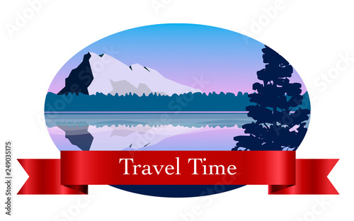 landscape in the frame, a graphic design element for creation of the label. Labels with the image of tree, grass, mountain, forest, hills, pine. Perfect for sticker, label, emblem and logo.