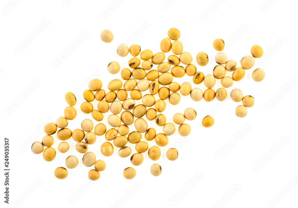 Soybeans isolated on white background, top view.